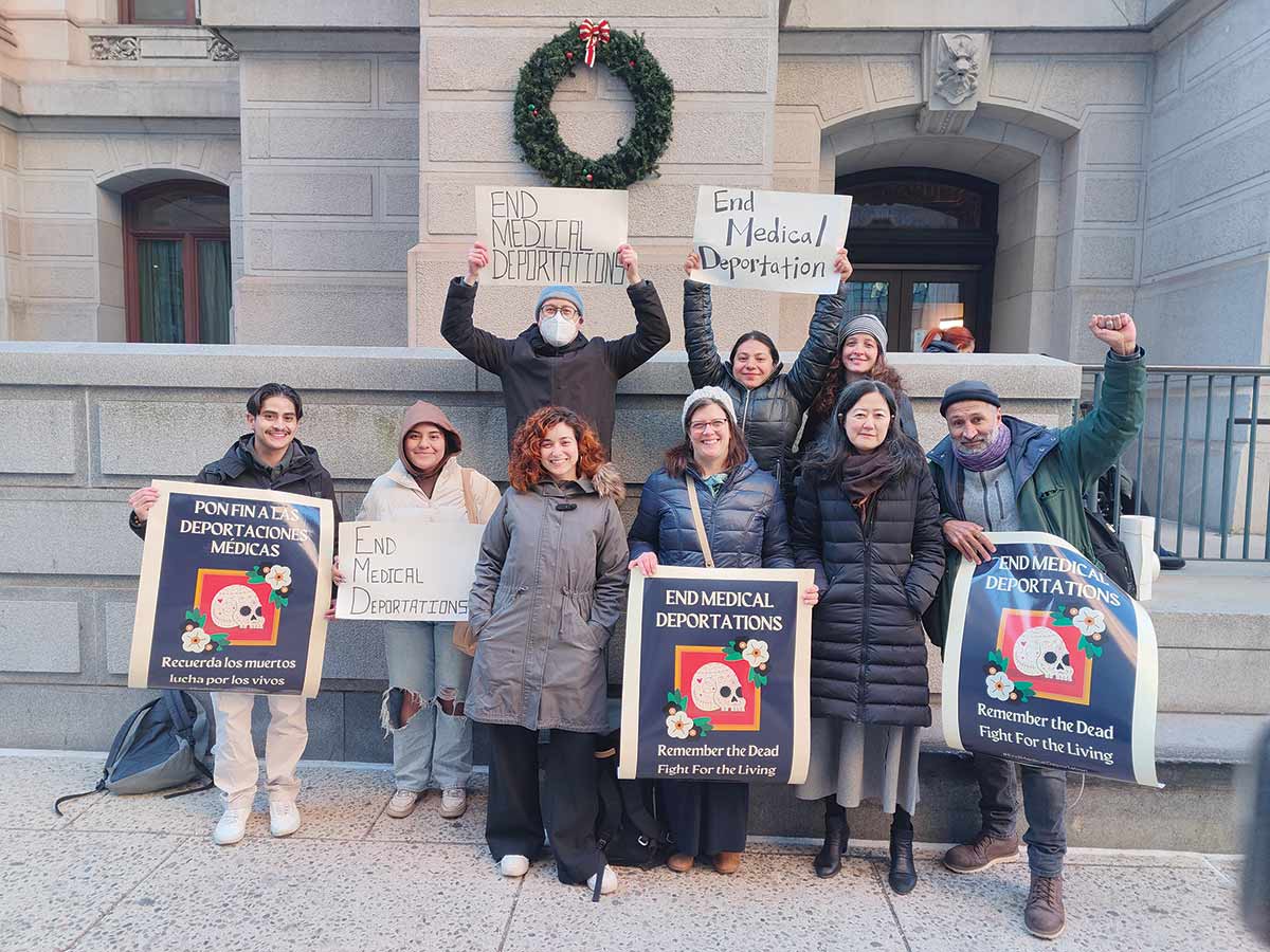 Members of the Free Migration Project urge Philadelphia’s City Council to pass a law ending medical deportations, December 2023.