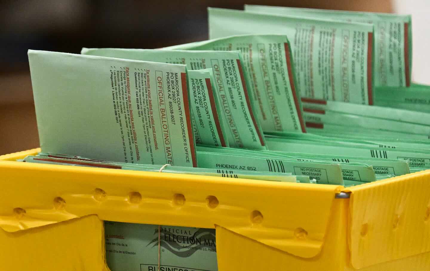 Ballots sit in a tray inside the Maricopa County Tabulation and Election Center on Election Day, November 5, 2024, in Phoenix, Arizona.