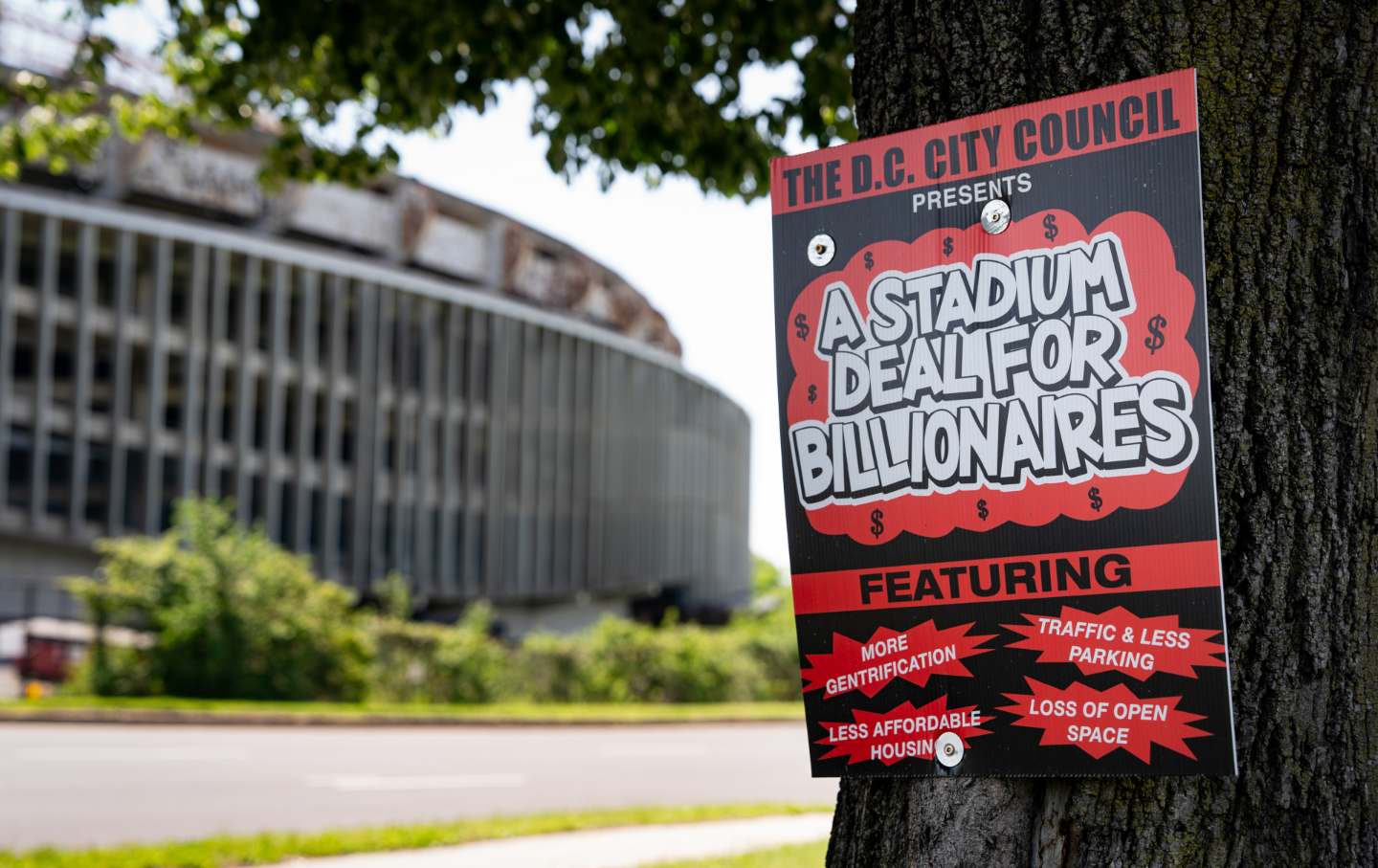 A sign against the redevelopment of the Robert F. Kennedy Memorial Stadium in Washington, DC, on Tuesday, April 29, 2025.