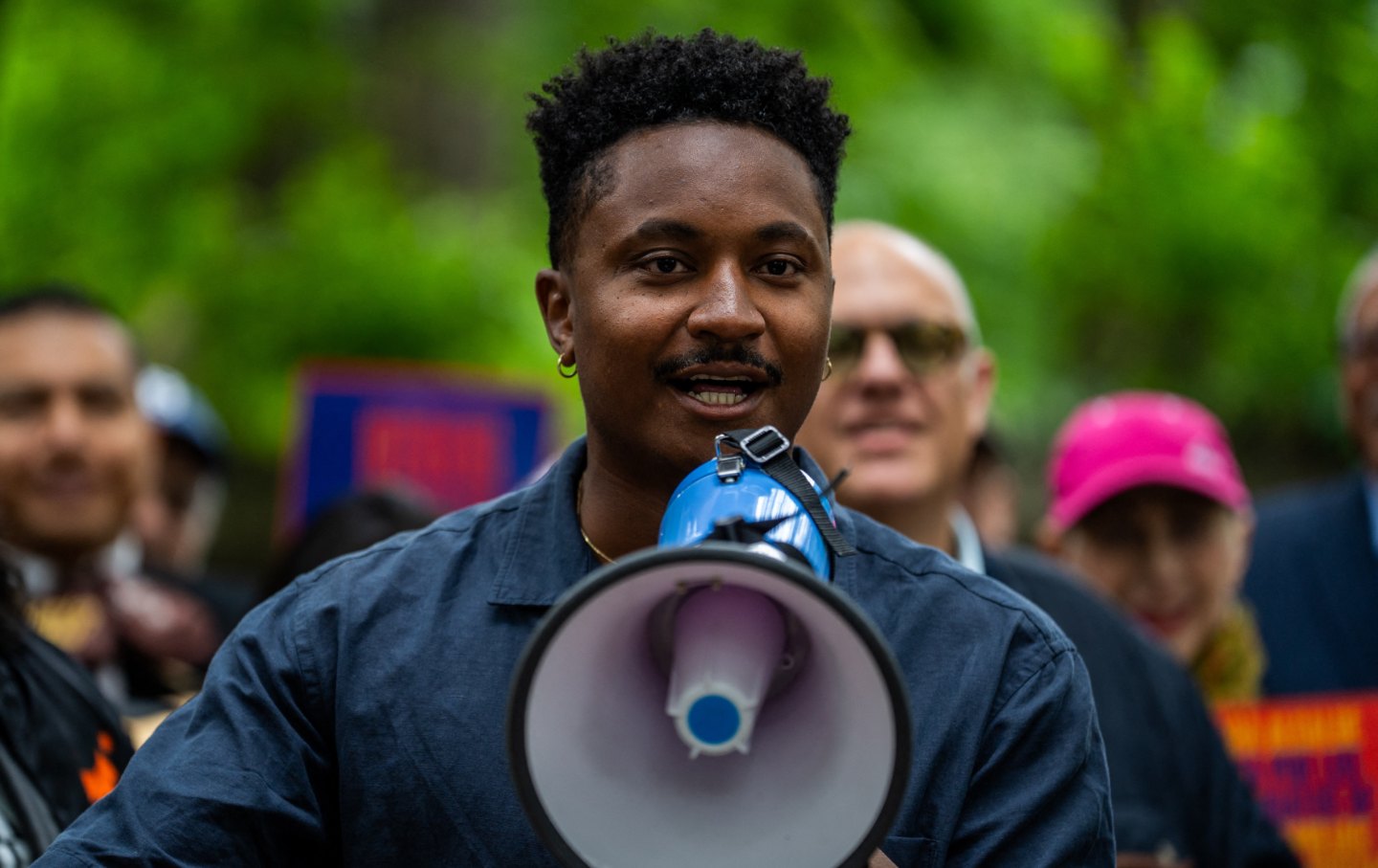 New York City Council member Chi Osse speaks at the New York Working Families Party rally in Fort Greene Park, Brooklyn, New York.