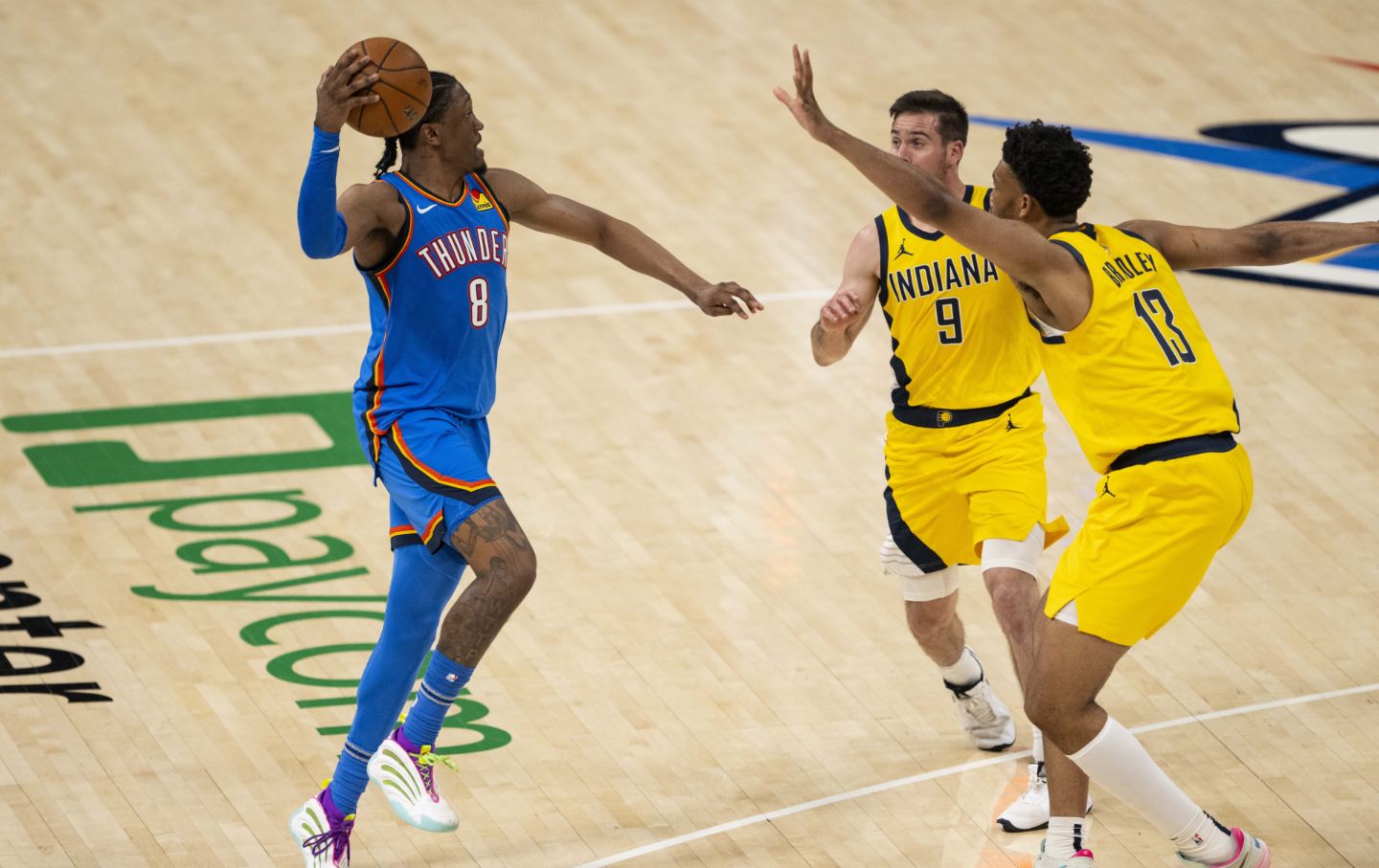 Jalen Williams (8) of Oklahoma City Thunder in action against Indiana Pacers during NBA Finals game 7 between Indiana Pacers and at Paycom Center on June 22, 2025 in Oklahoma City, Oklahoma, United States.