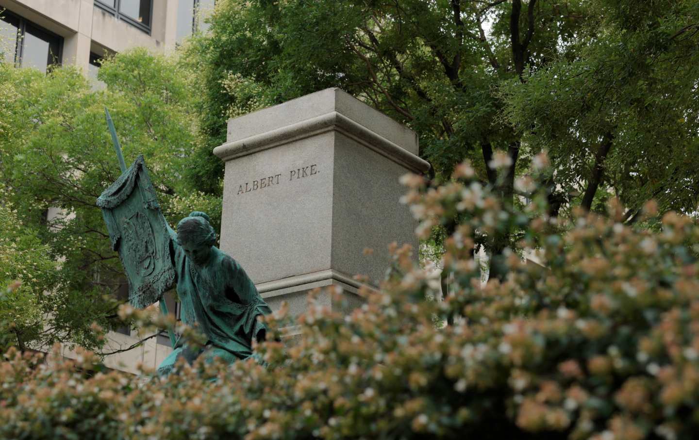 A pedestal that once held a statue of Confederate Gen. Albert Pike sits near Judiciary Square on August 5, 2025, in Washington, DC.