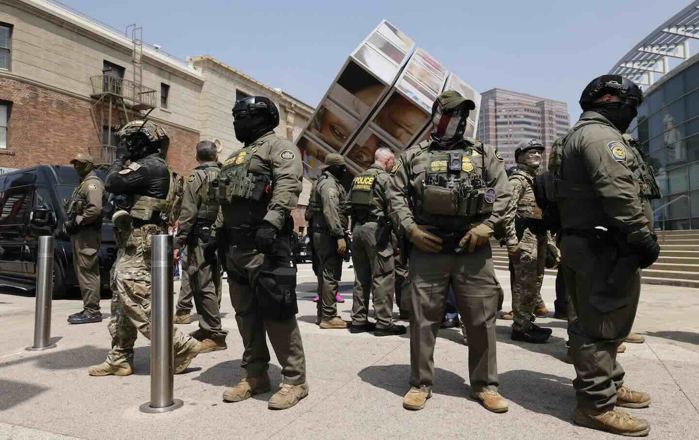 The US Border Patrol produced a show of force outside the Japanese American National Museum where California Governor Gavin Newsom was holding a redistricting press conference on Thursday, August 14, 2025, in Los Angeles.