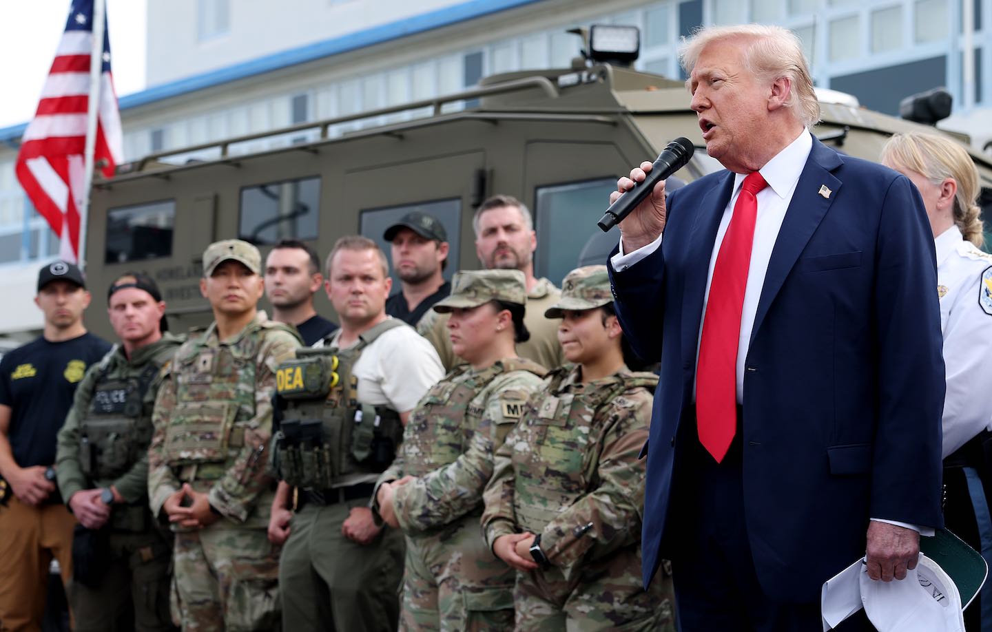 Donald Trump visits the US Park Police Anacostia Operations Facility on August 21, 2025, in Washington, DC.