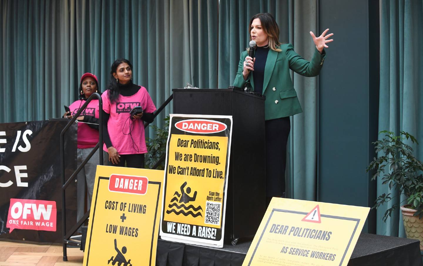 Jane Kleeb, chair of the Nebraska Democratic Party, speaks at the “Win With Workers” Rally and Press Conference at the DNC Midwestern Candidate Forum on January 16, 2025, in Detroit, Michigan.