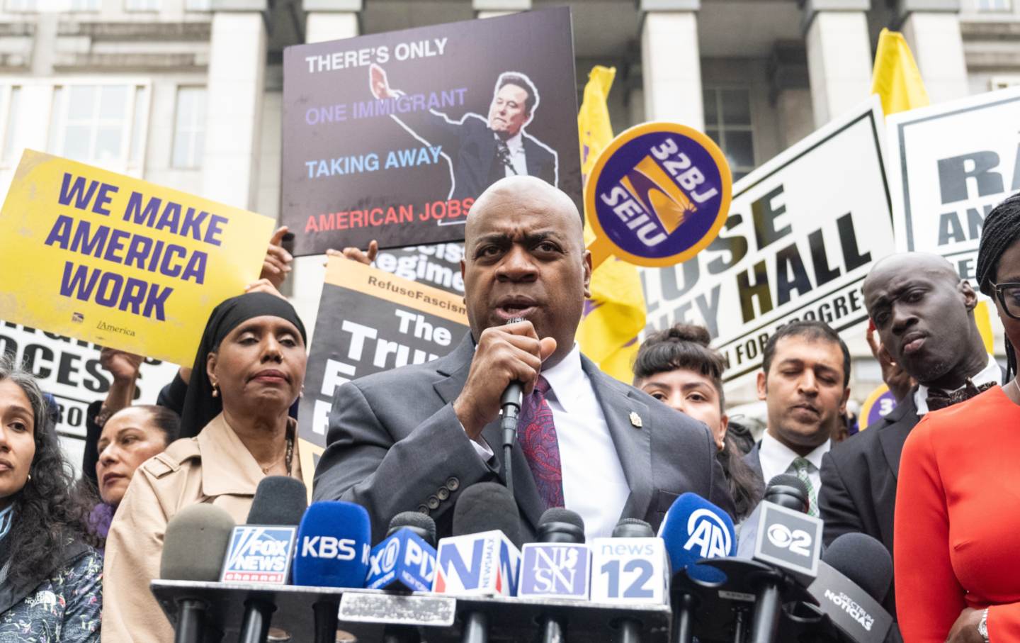 Ras Baraka, the mayor of Newark, speaks to the media and supporters after exiting the courthouse on May 15, 2025, in Newark, New Jersey.