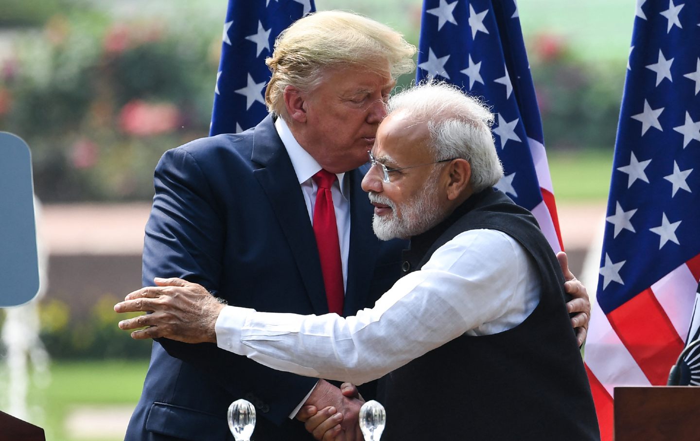 President Donald Trump shakes hands with Indian Prime Minister Narendra Modi during a joint press conference in New Delhi on February 25, 2020.