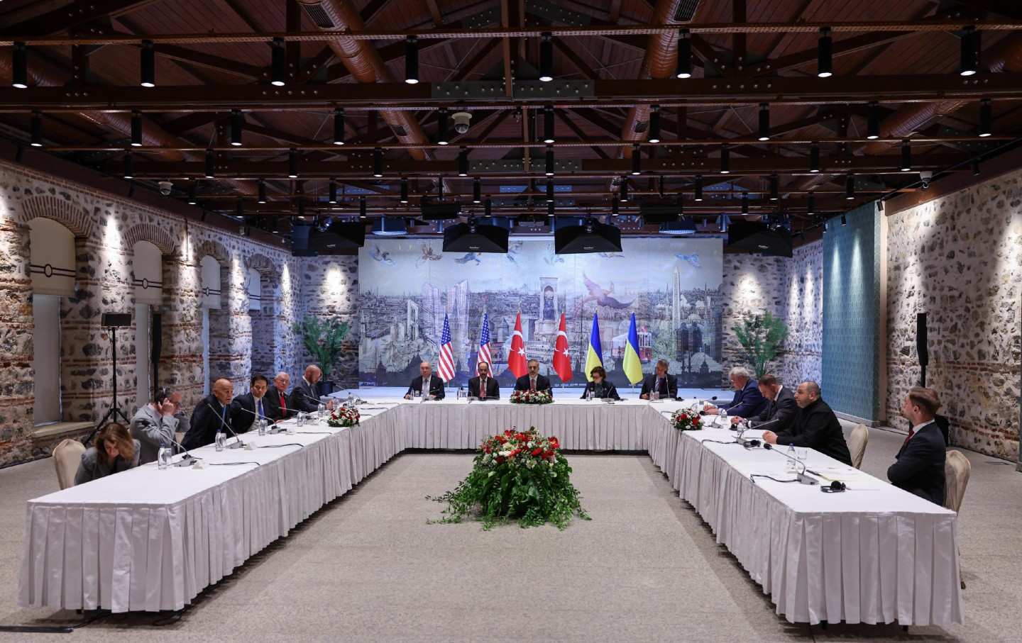 Ukrainian, American, and Russian delegates meet for Ukraine-Russia peace talks on May 16, 2025, at the office of the Turkish president in Dolmabahce Palace in Istanbul, Turkey.